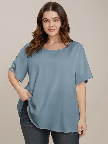 Plain Round Neck Button Detail Blouse