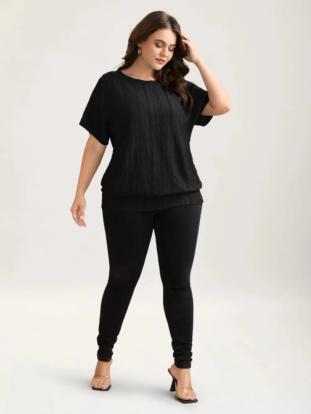 Eyelet Trim Stretchy Textured Plain Top