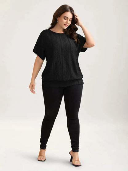 Eyelet Trim Stretchy Textured Plain Top