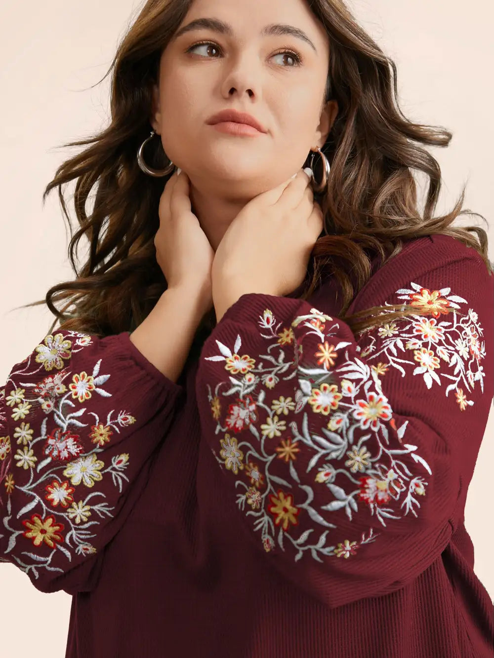 Waffle Knit Floral Embroidered Lantern Sleeve T-Shirt