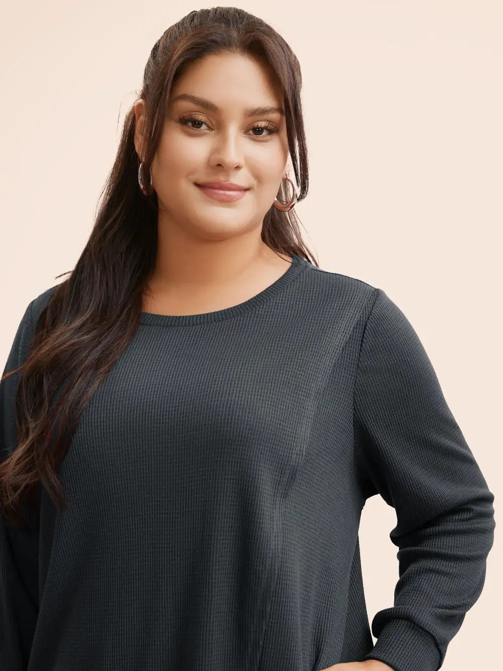 Solid Waffle Knit Overlap Hem T-Shirt