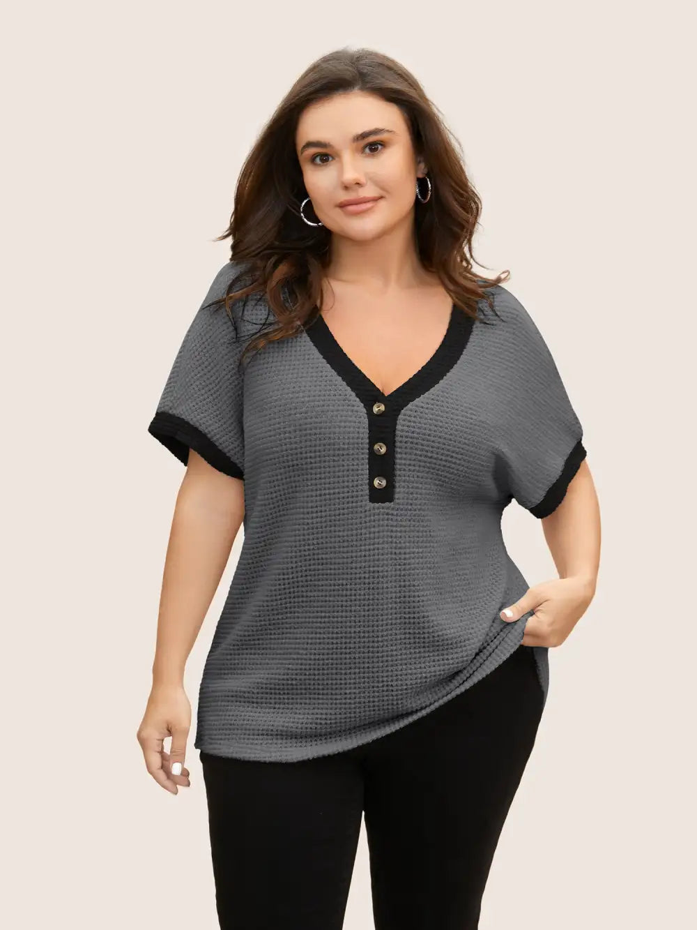 V Neck Contrast Button Detail Knit T-Shirt