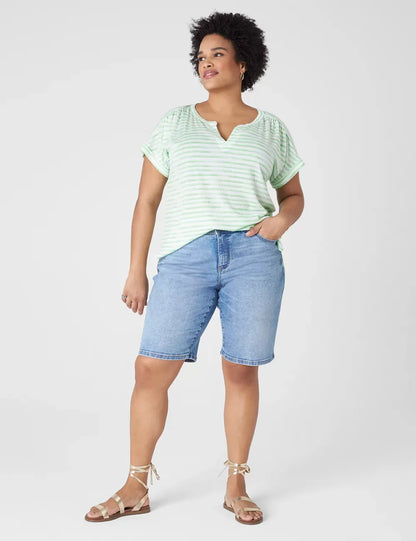 Relaxed Cap-Sleeve Notch-Neck Texture Knit Top