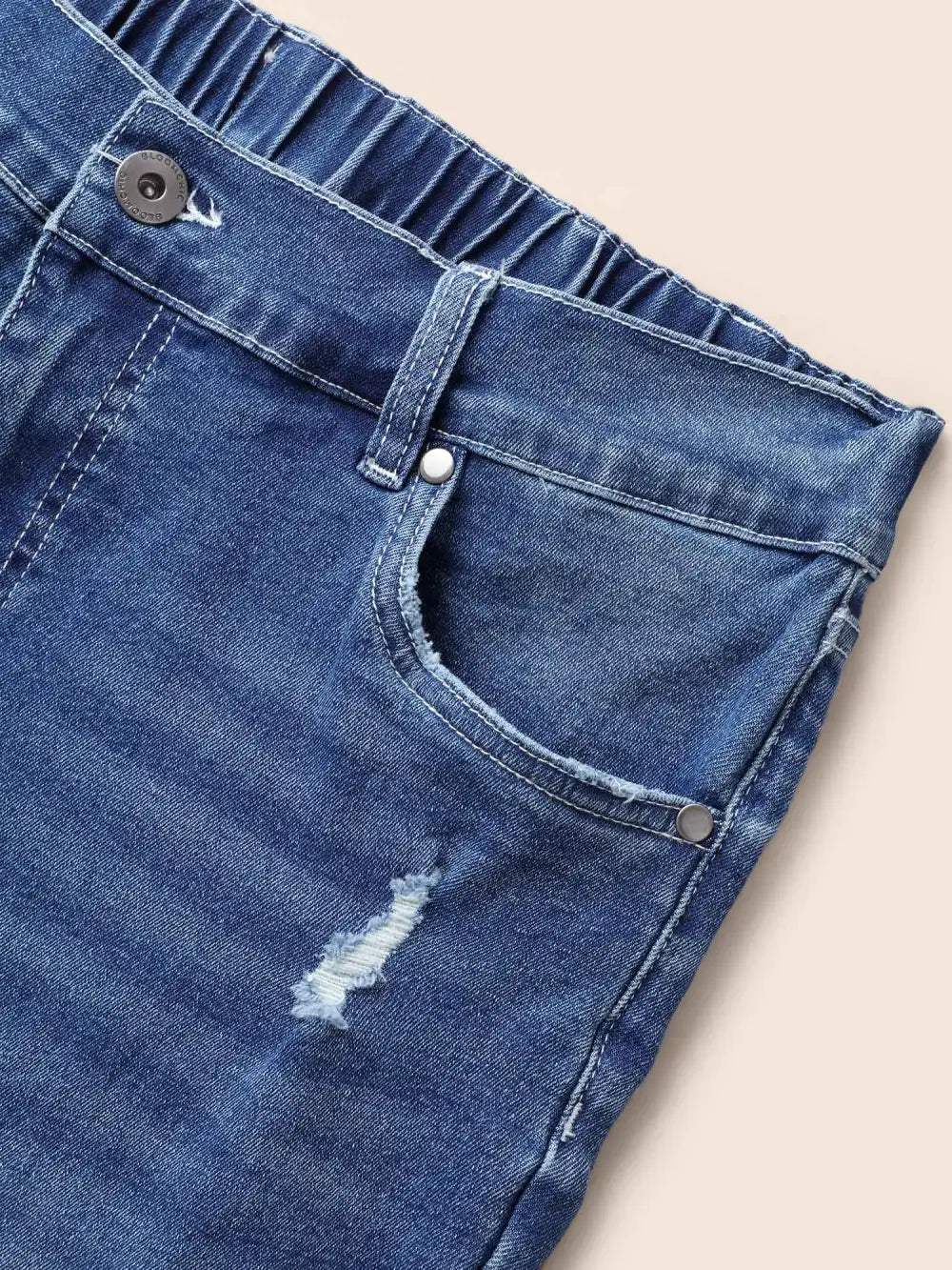 Folded Hem Rip Back Elastic Waist Jeans