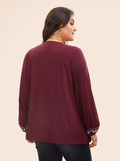 Floral Embroidered Knot Neck Lantern Sleeve T-Shirt