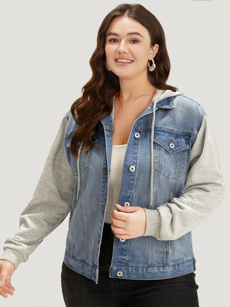 Hooded Patchwork Flap Pocket Denim Jacket