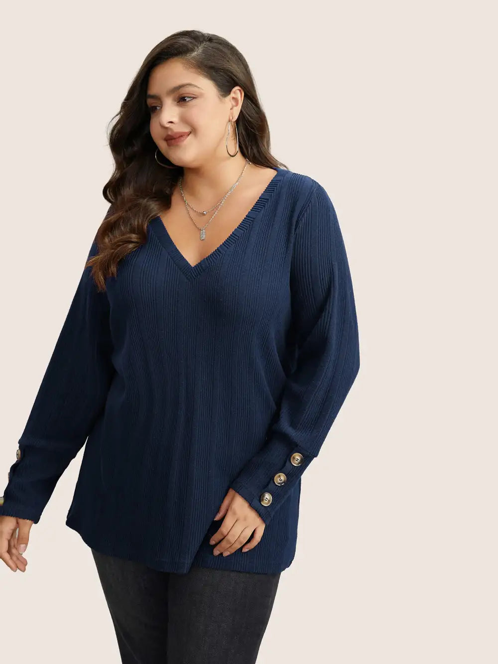 Rib Knit V Neck Button Detail T-Shirt