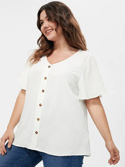 Solid Button V Neck Ruffles Blouse