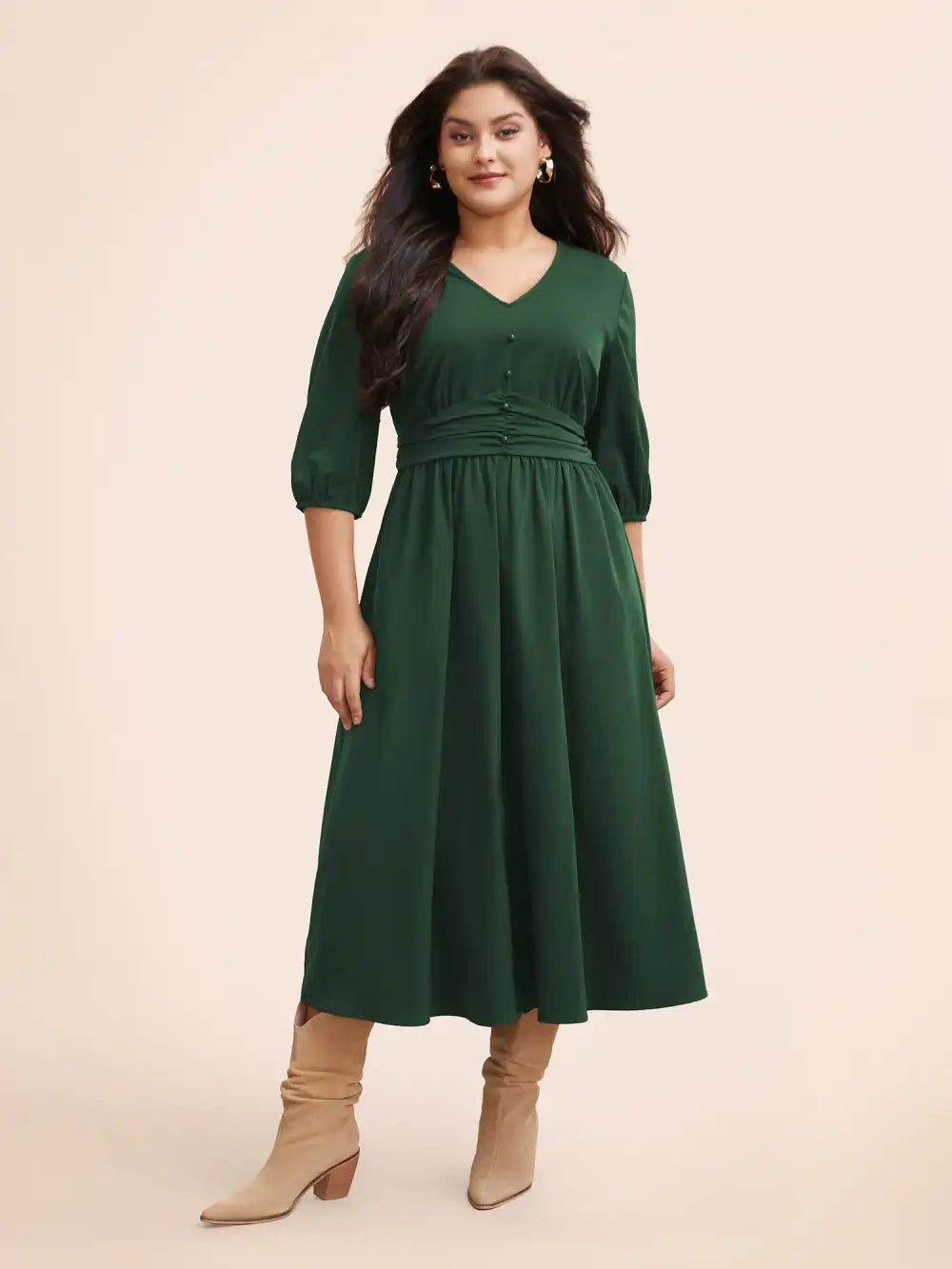 V Neck Shirred Ruched Midi Dress