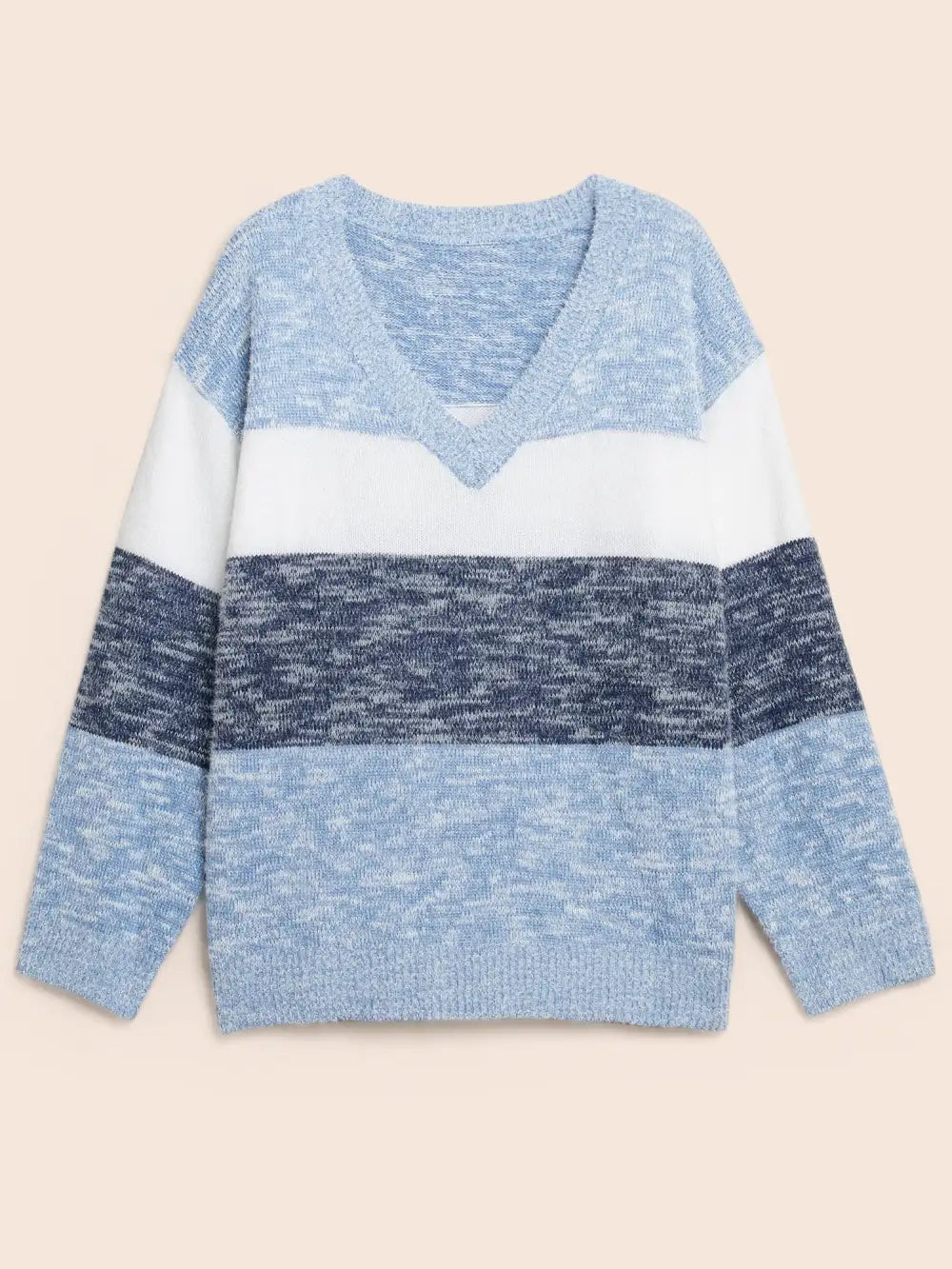 Colorblock Contrast Super Soft Plush Knit V Neck Pullover