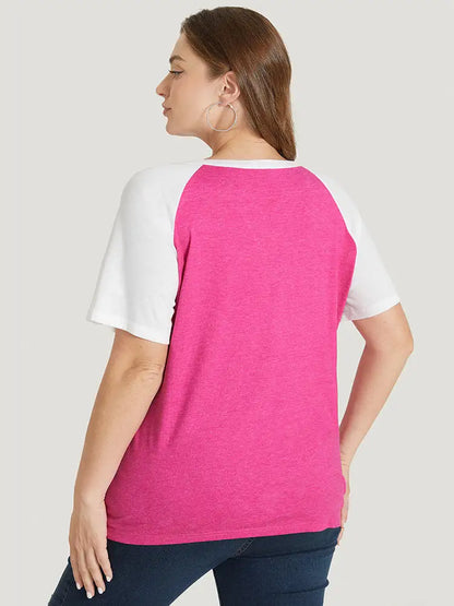 Colorblock Contrast Notched Raglan Sleeve T-shirt