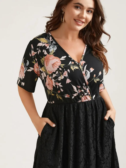 Floral Panel Surplice Pockets Midi Dress