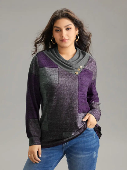 Asymmetrical Colorblock Button Detail Pleated T-Shirt