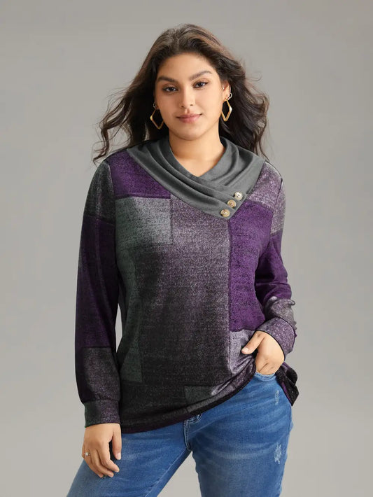 Asymmetrical Colorblock Button Detail Pleated T-Shirt