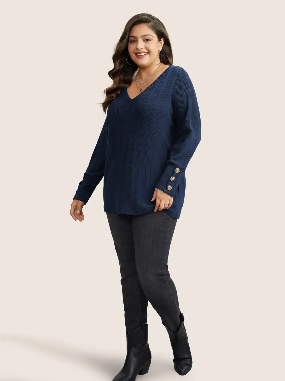 Rib Knit V Neck Button Detail T-Shirt