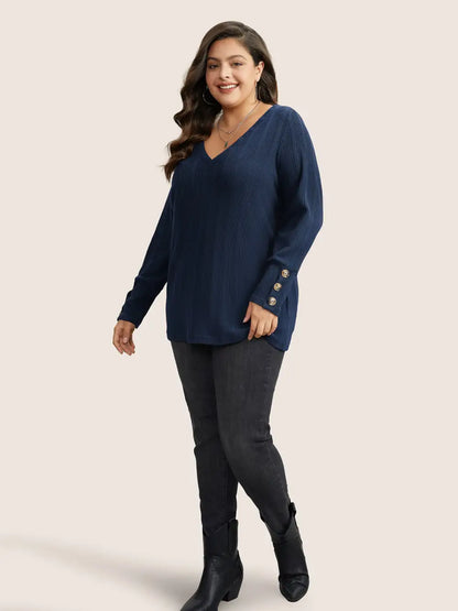 Rib Knit V Neck Button Detail T-Shirt