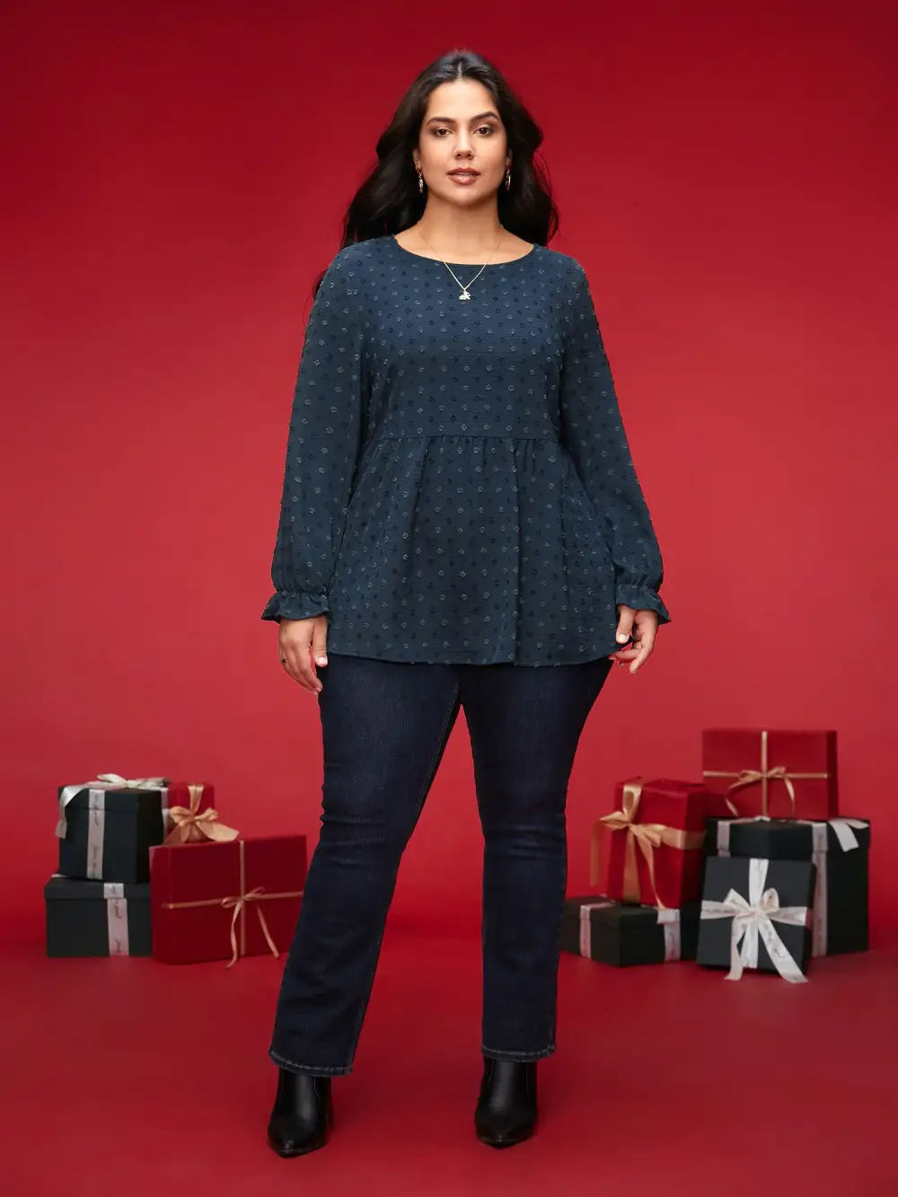 Textured Dot Elastic Cuffs A-Line Blouse