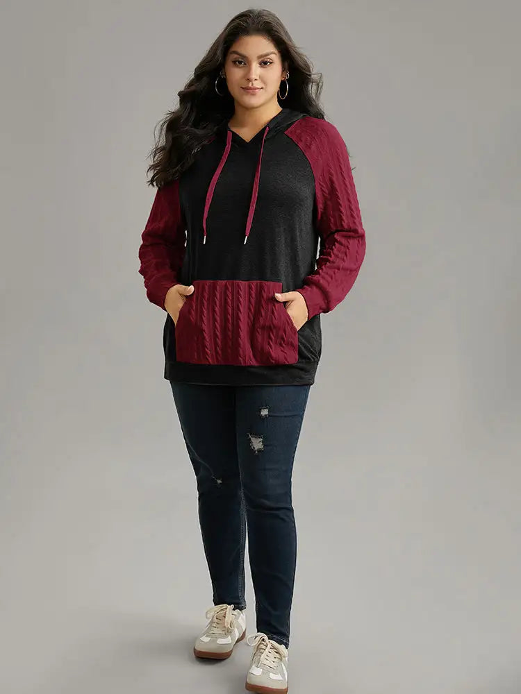 Contrast Cable Knit Pocket Hooded Drawstring Sweatshirt