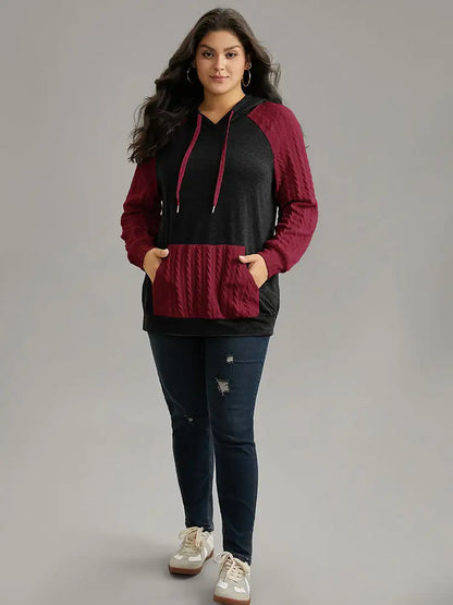 Contrast Cable Knit Pocket Hooded Drawstring Sweatshirt