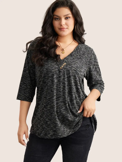 Heather Pleated Button Detail T-Shirt