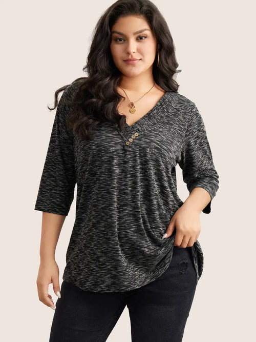 Heather Pleated Button Detail T-Shirt