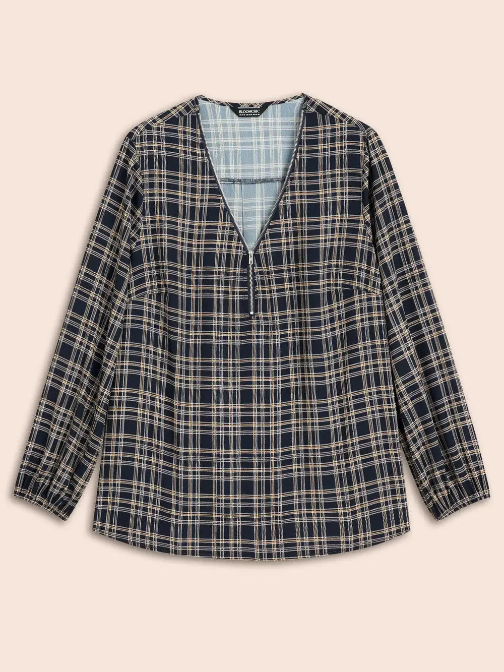 Plaid Zipper Front Lantern Sleeve Blouse