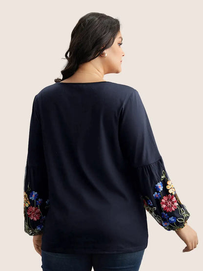 Floral Embroidered Lantern Sleeve T-Shirt