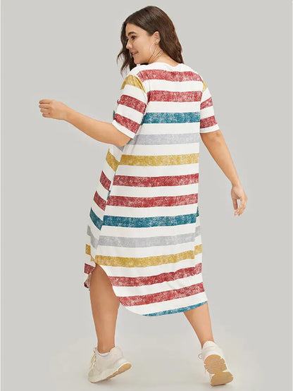 Striped Contrast Arc Hem V Neck Pocket Dress
