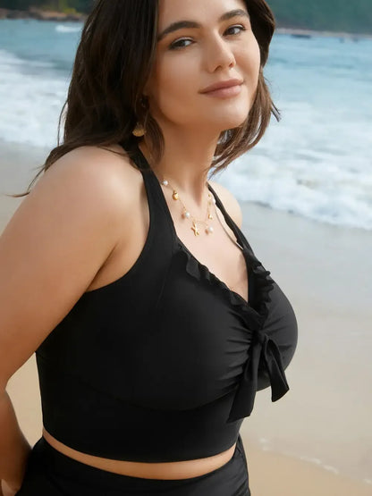 Bust Knot-Tie Ruffle Trim Supportive Swim Top