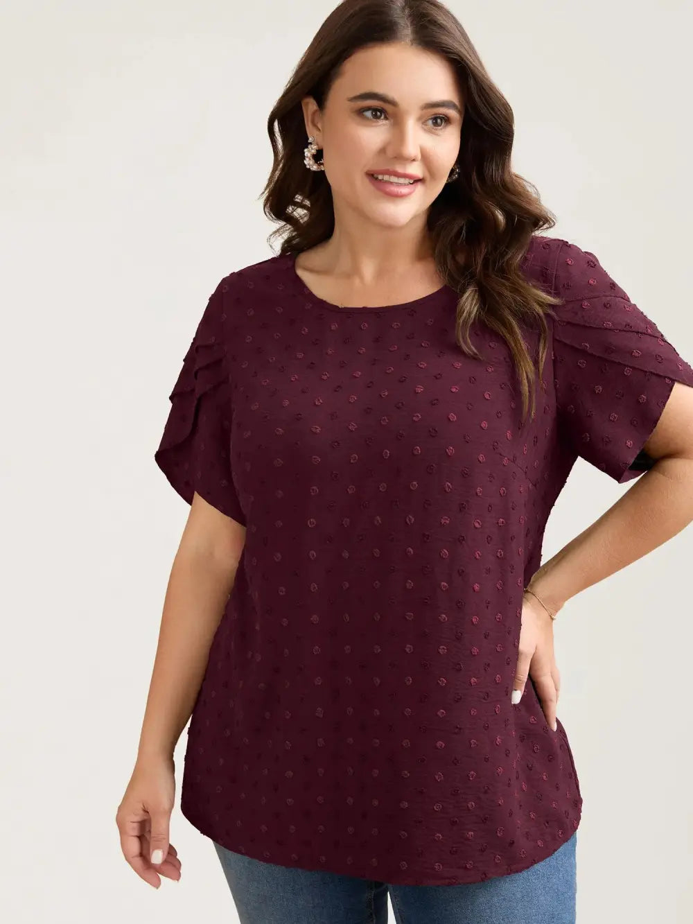 Textured Color Contrast Petal Sleeve Blouse