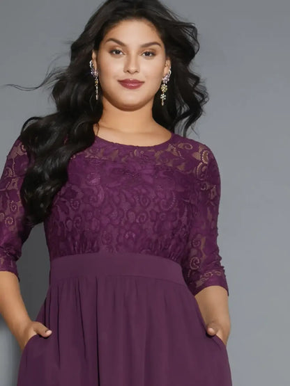Lace Patchwork Shirred Midi Pocket Dress