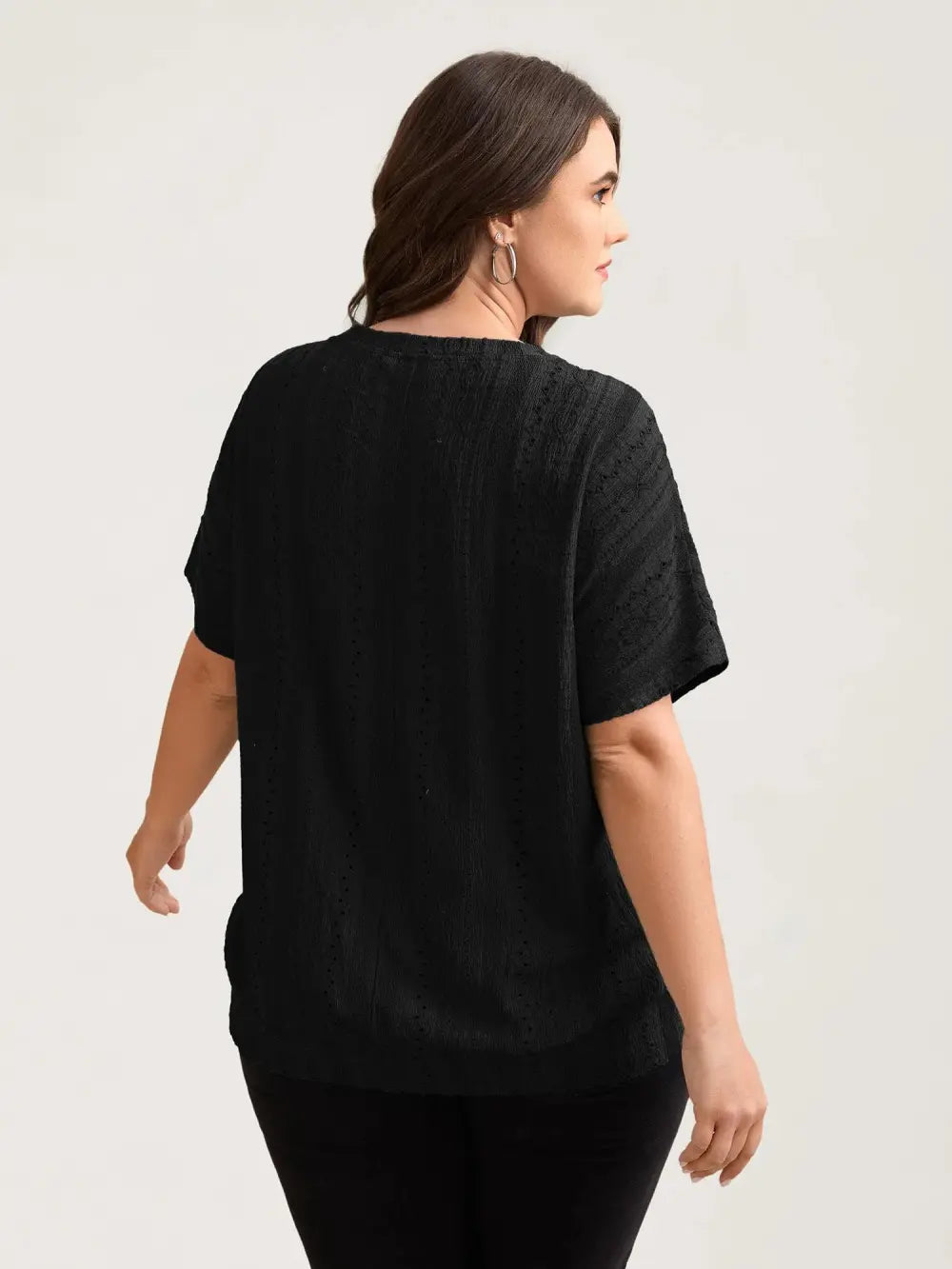 Eyelet Trim Stretchy Textured Plain Top