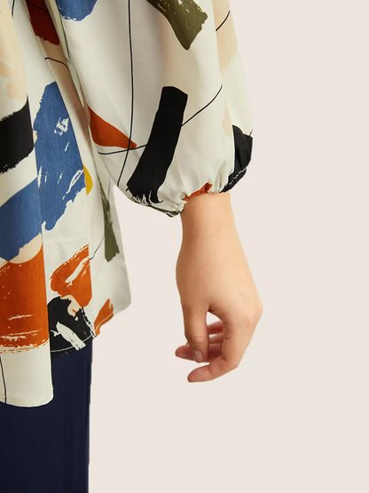 Brush Print Button Detail Elastic Cuffs Blouse