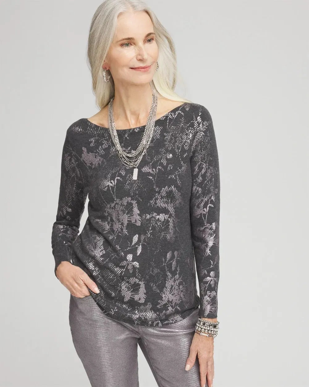 Silver Floral Bateau Neck Sweater