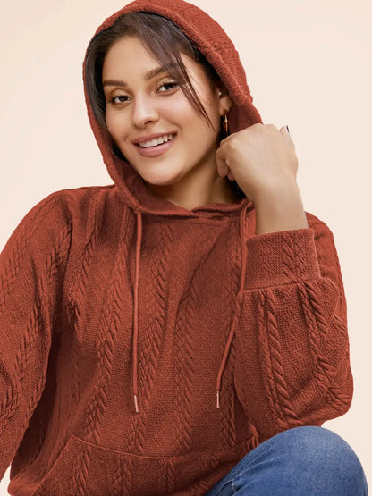 Solid Cable Knit Hooded Drawstring Sweatshirt