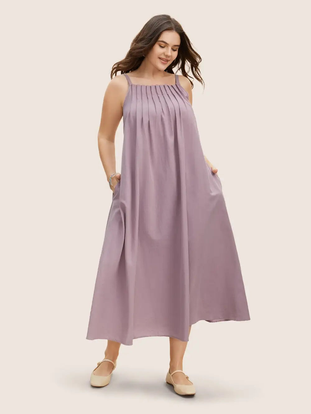 Cotton Plain Pleated Loose Fit Cami Dress
