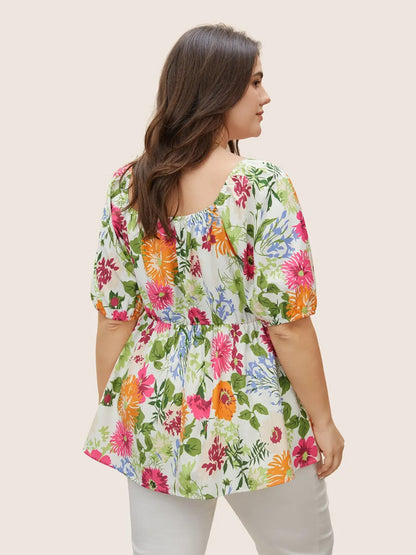 Floral Notched Collar Lantern Sleeve Blouse