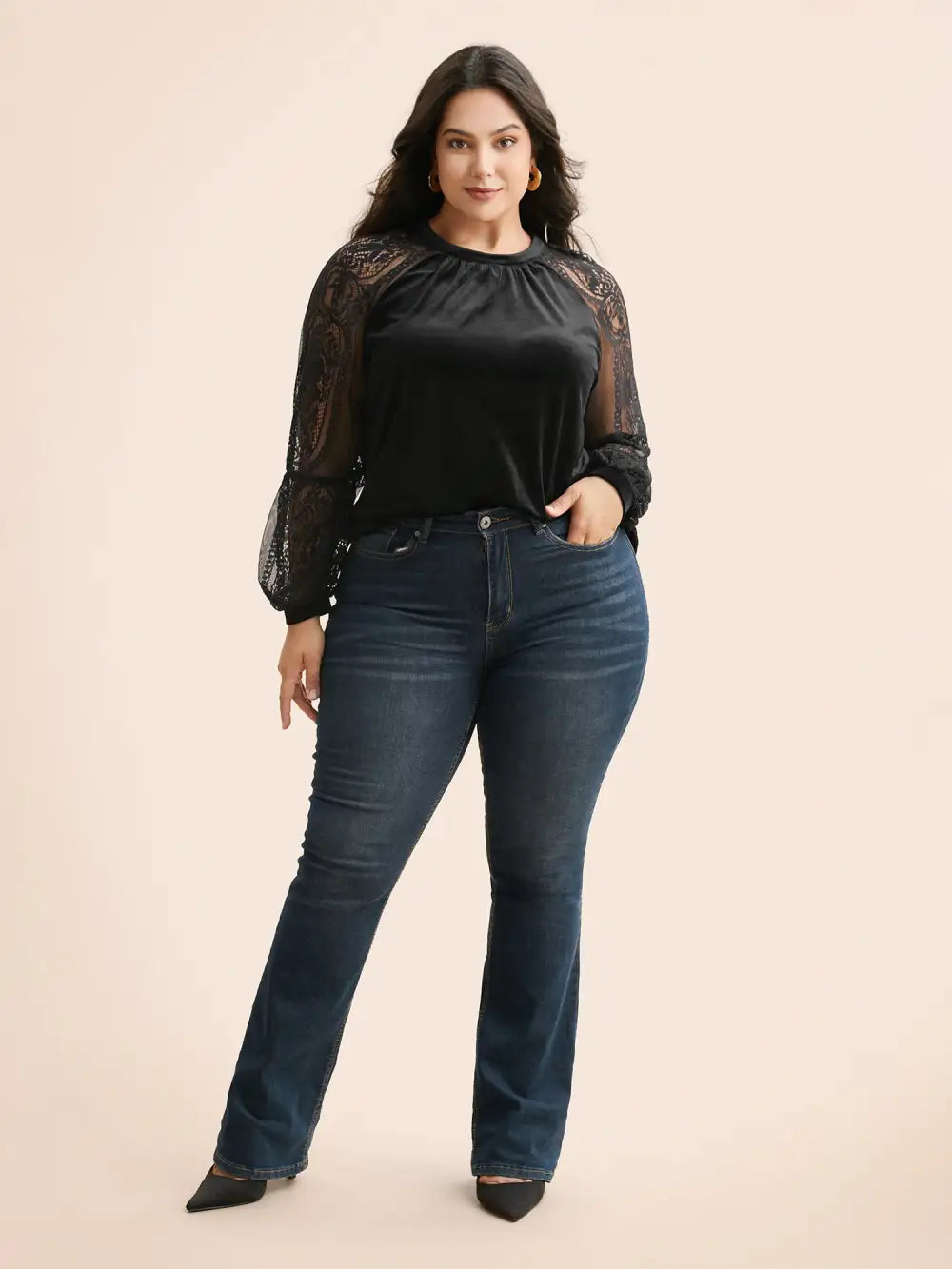 Lace Patchwork Velvet Raglan Sleeve Blouse