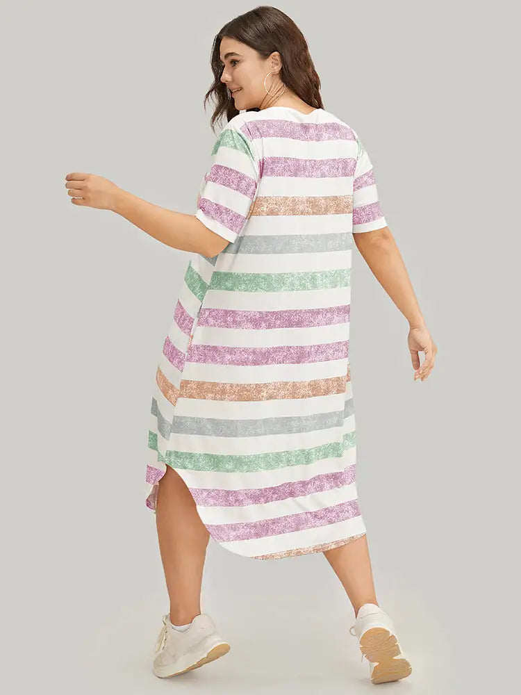 Striped Contrast Arc Hem V Neck Pocket Dress