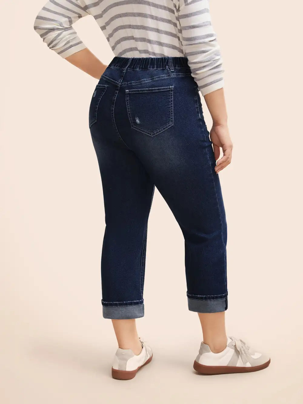 Folded Hem Rip Back Elastic Waist Jeans