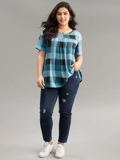 Plaid Round Neck Gathered T-Shirt