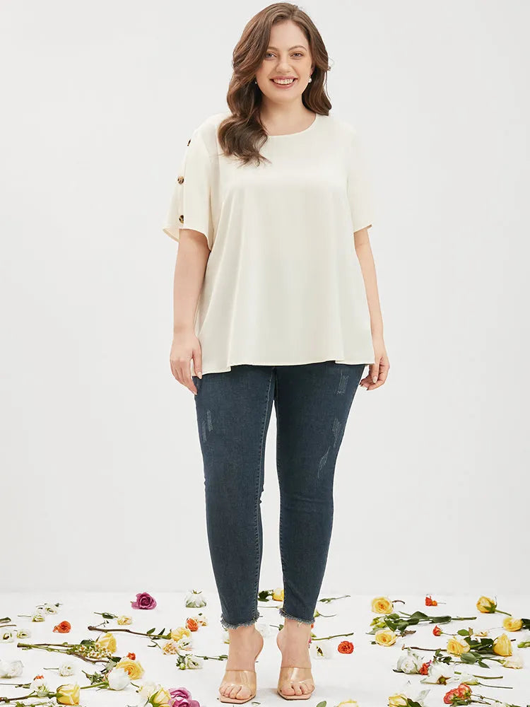 Plain Round Neck Button Detail Blouse