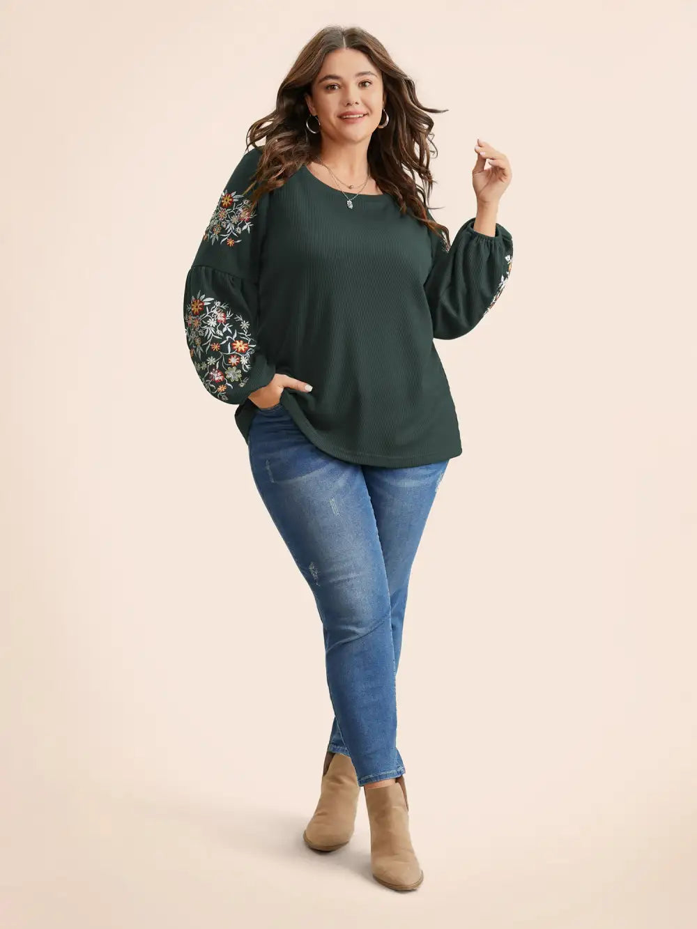 Waffle Knit Floral Embroidered Lantern Sleeve T-Shirt