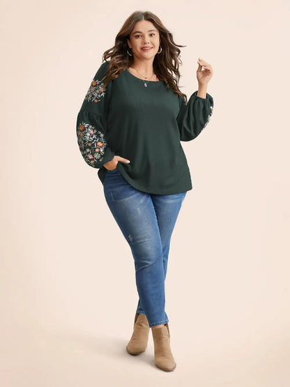 Waffle Knit Floral Embroidered Lantern Sleeve T-Shirt