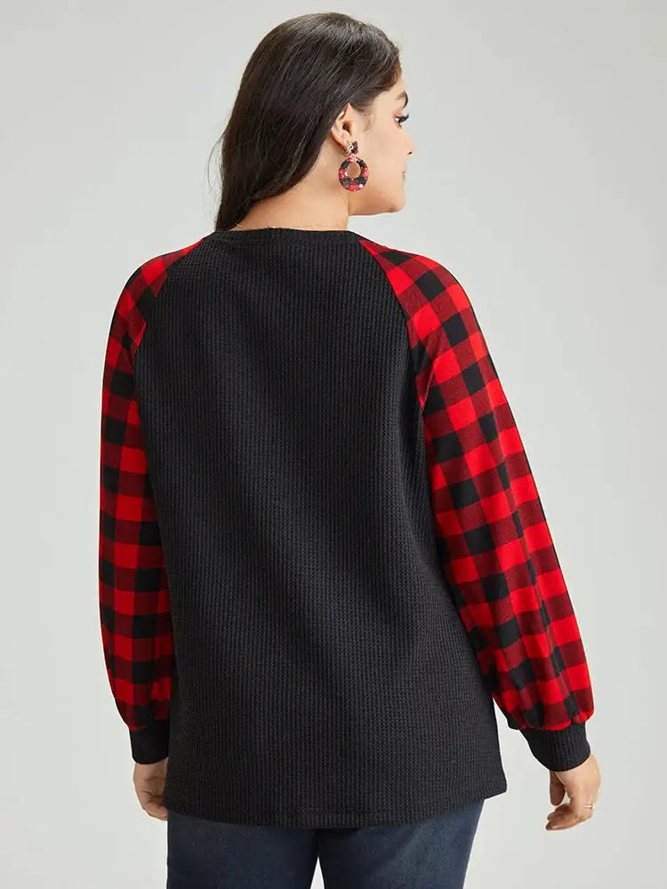 Waffle Knit Plaid Patchwork Raglan Sleeve T-Shirt