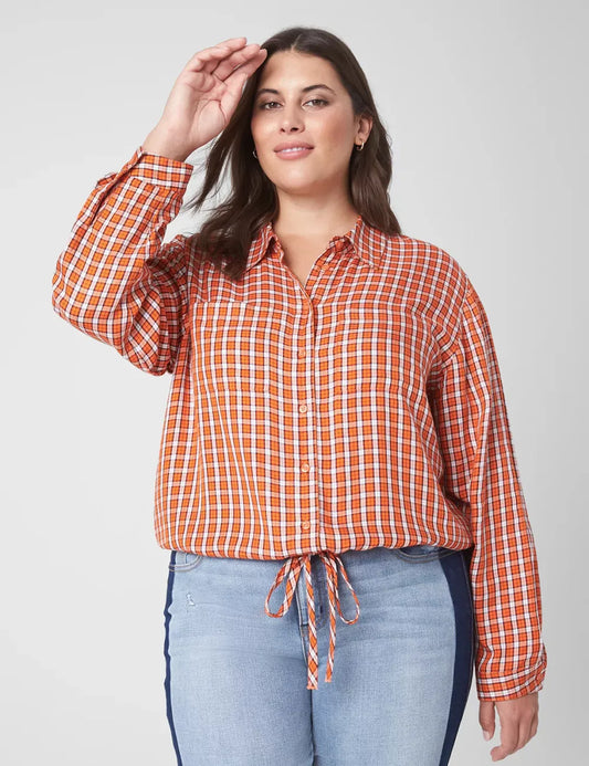 Classic Long-Sleeve Collared Button-Down Crop Shirt