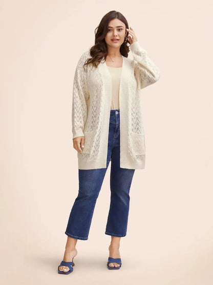 Kimono Collar Patch Pocket Pointelle Knit Cardigan