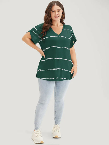 Striped Contrast Petal Sleeve T-shirt