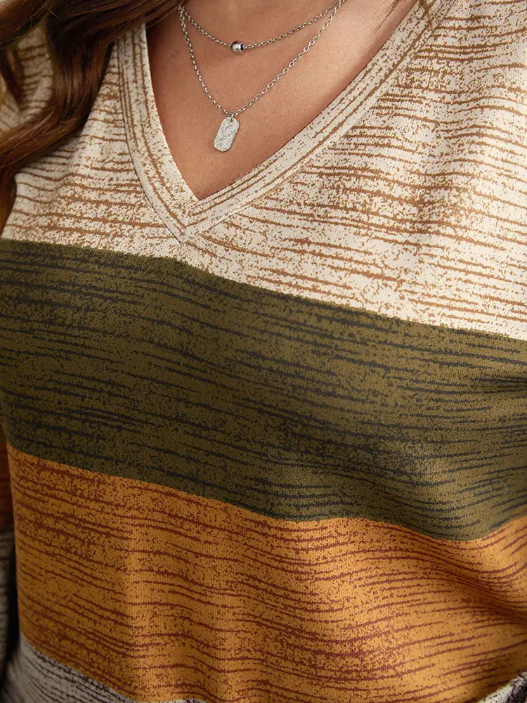 Striped Colorblock Contrast V Neck T-Shirt