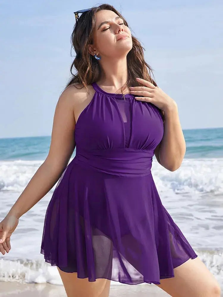 Knotted Back Mesh Insert Halter Swim Dress